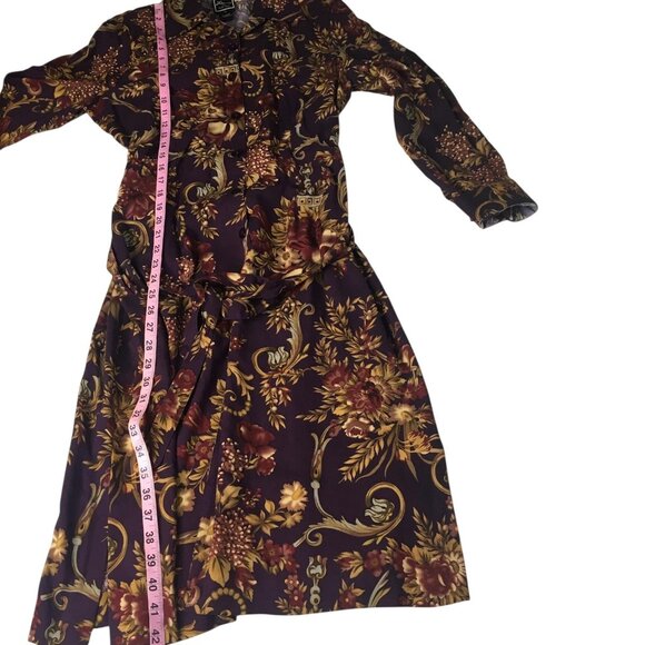 Old Money Classic Shirt Dress Womens 10 Purple Floral Button Belted Rayon - Picture 4 of 15